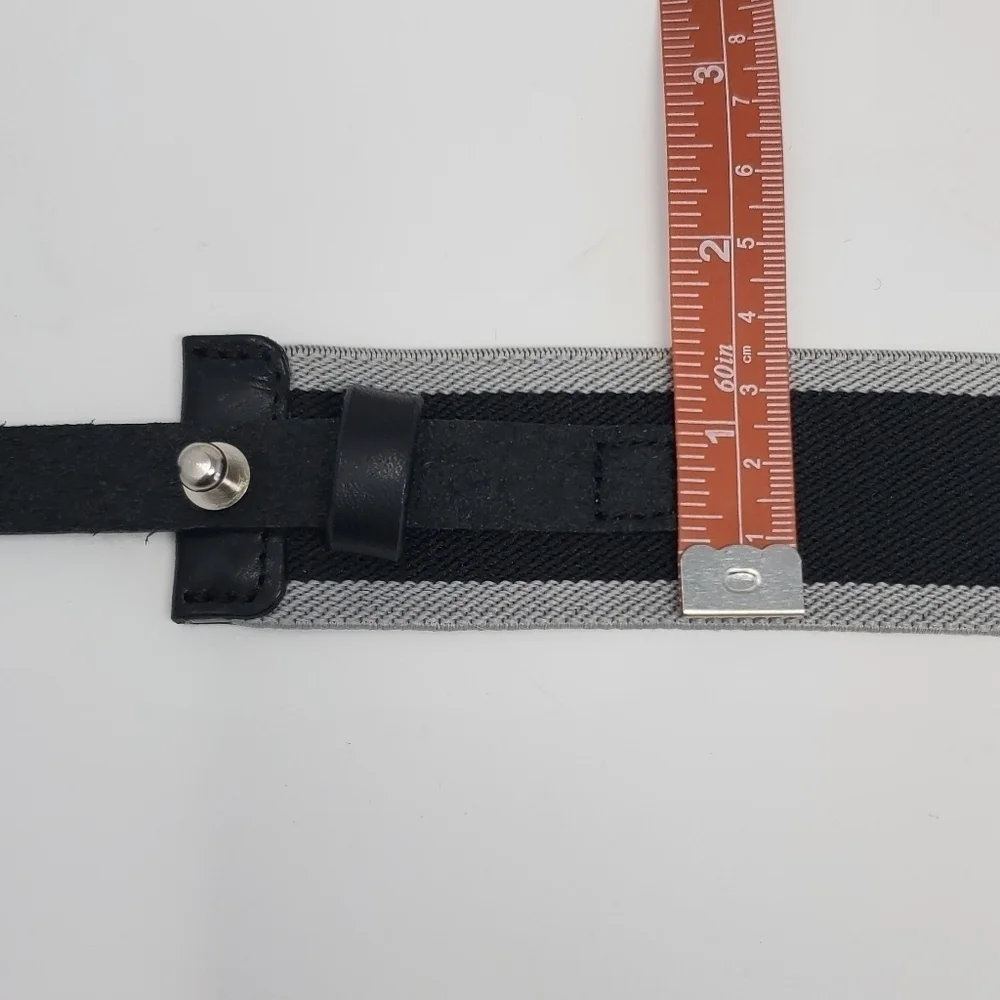 LOFT BLACK GREY STRIPE STRETCH BELT BLACK LEATHER FOLD OVER BUCKLE WOMEN OS